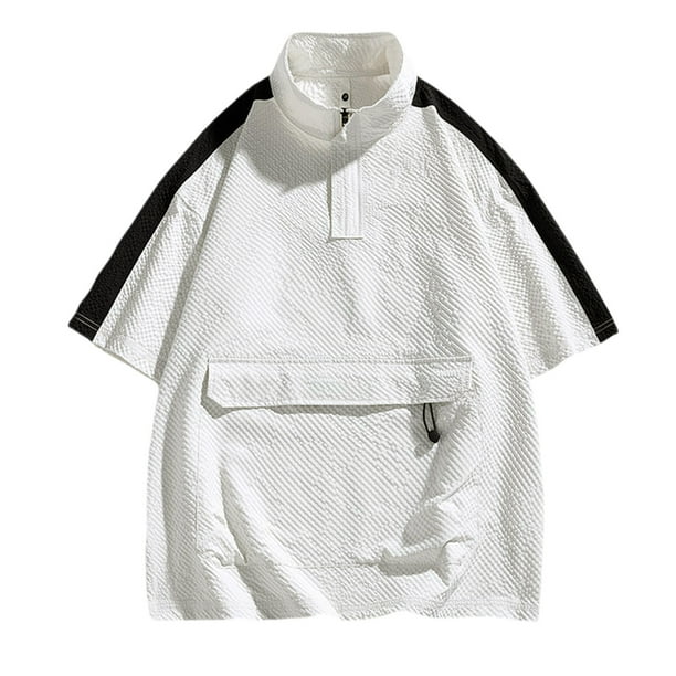 Manga Corta de Verano Tops Moda Casual Color Sólido Cremallera Bolsillo de Pie Camisa de Cuello, Fibra de Poliéster Superior para los Hombres, Lavado de Manos