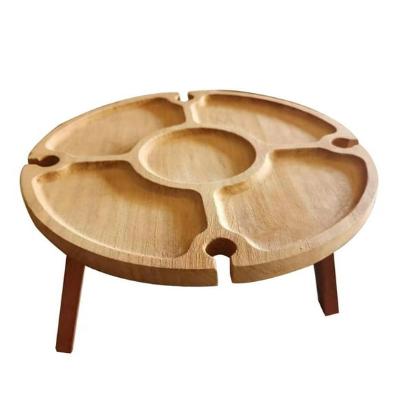 Wooden Folding Picnic Table with Wine Glass Holder - Portable Rack & Compartmental Dish for Outdoor