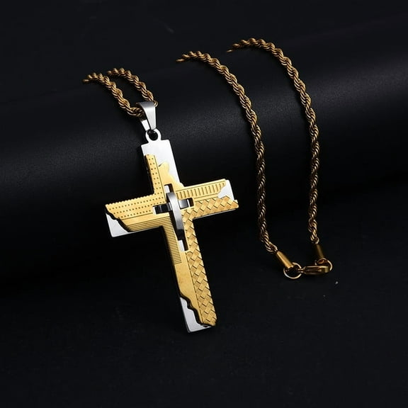 Bible Cross Necklace 14K Yellow Gold Pendant & Chain For Men Gift Christian Jewelry 60cm Chain Length