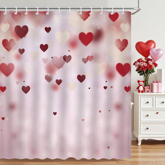Valentines Day Shower Curtain Pink Red Love Hearts Bathroom Shower Curtain Waterproof Romantic Shower Curtains Bathtub Decor with 12 Hooks 72 X 72 Inches