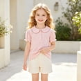 thumbnail image 5 of Girls Peter Pan Collar T Shirt Short Sleeve Knit Top Button Front Pullover Base Layer Tee for Big Kids Everyday Wear, 5 of 7