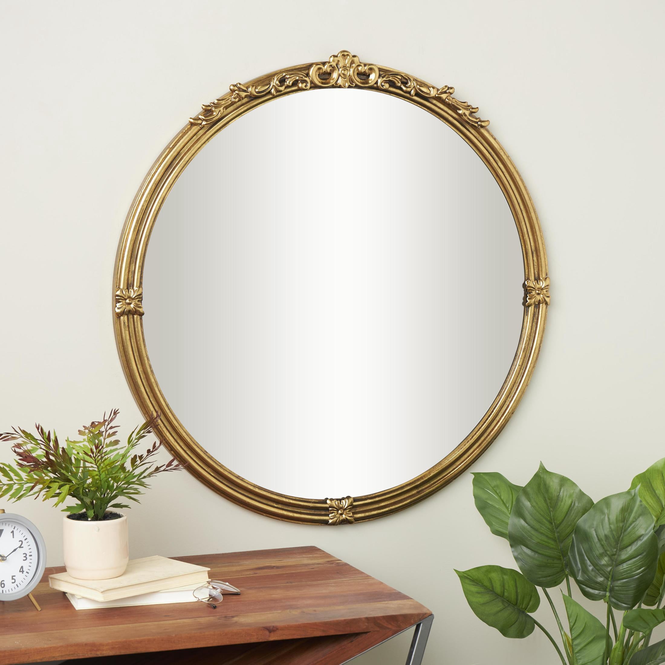 DecMode 37" x 36" Gold Layered Frame Scroll Wall Mirror with Floral Accents