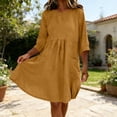 thumbnail image 4 of FEIIBMOYRIA Women Round Neck Dresses Women's Cotton-Linen Blend Long Sleeve Midi Dresses Gathered 3/4 Sleeves High Waist Loose Comfy A‑Line Daily Outwear Dresses, 4 of 6