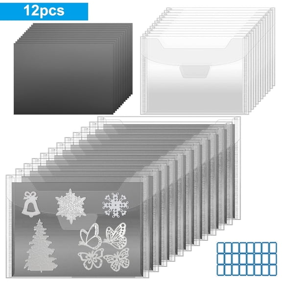 12pcs Magnetic Sheets for Die Storage, EEEkit 7.5 x 5.5 inch Plastic Stamp and Die Cut Storage Envelopes, Reusable Sticker Organizer Pockets or Receipt Holder for Card Making