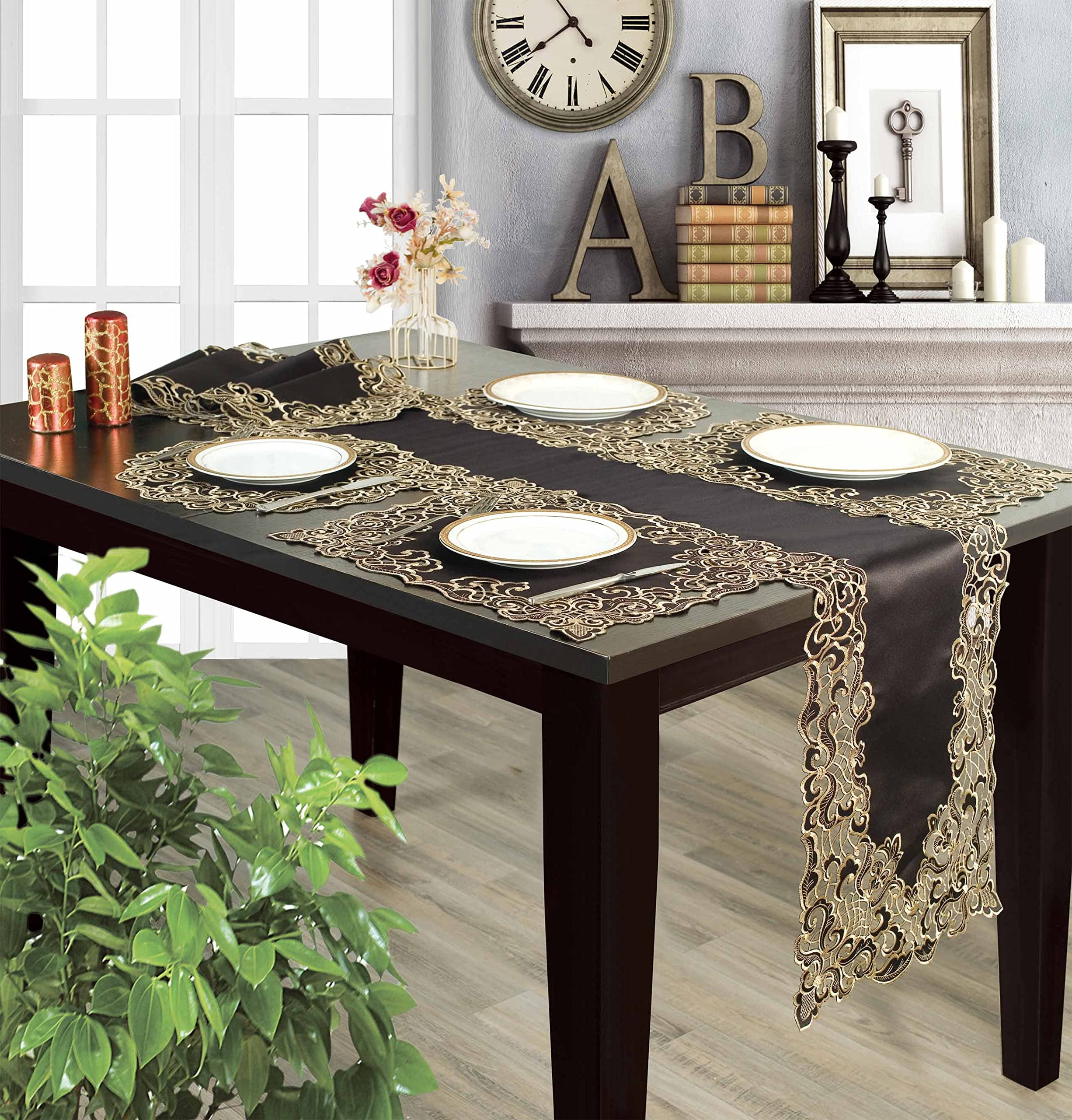 Gold Lace Black Table Runner - Dresser Scarf European Embroidery - Perfect for Kitchen Dining Room Home Decor Wedding Receptions - 14 x 108 inches - The Granada Collection