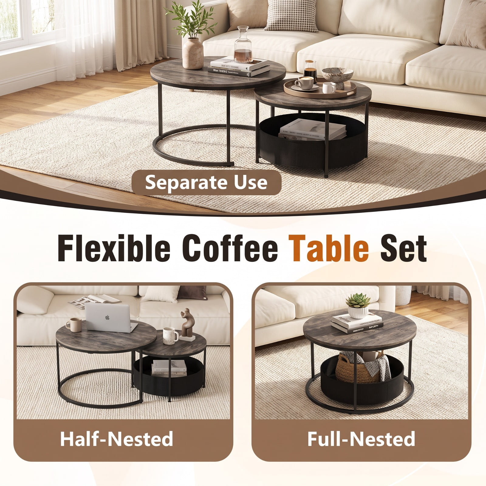 Furnibear Round Coffee Table Set of 2 Nesting Cocktail Tables with Fabric Storage Basket for Living Room and Bedroom, Gray