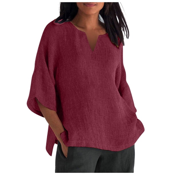 Camiseta estampada de manga 3/4 y cuello redondo para mujer - Top informal de algodón holgado - Blusa con estampado floral para todas las estaciones