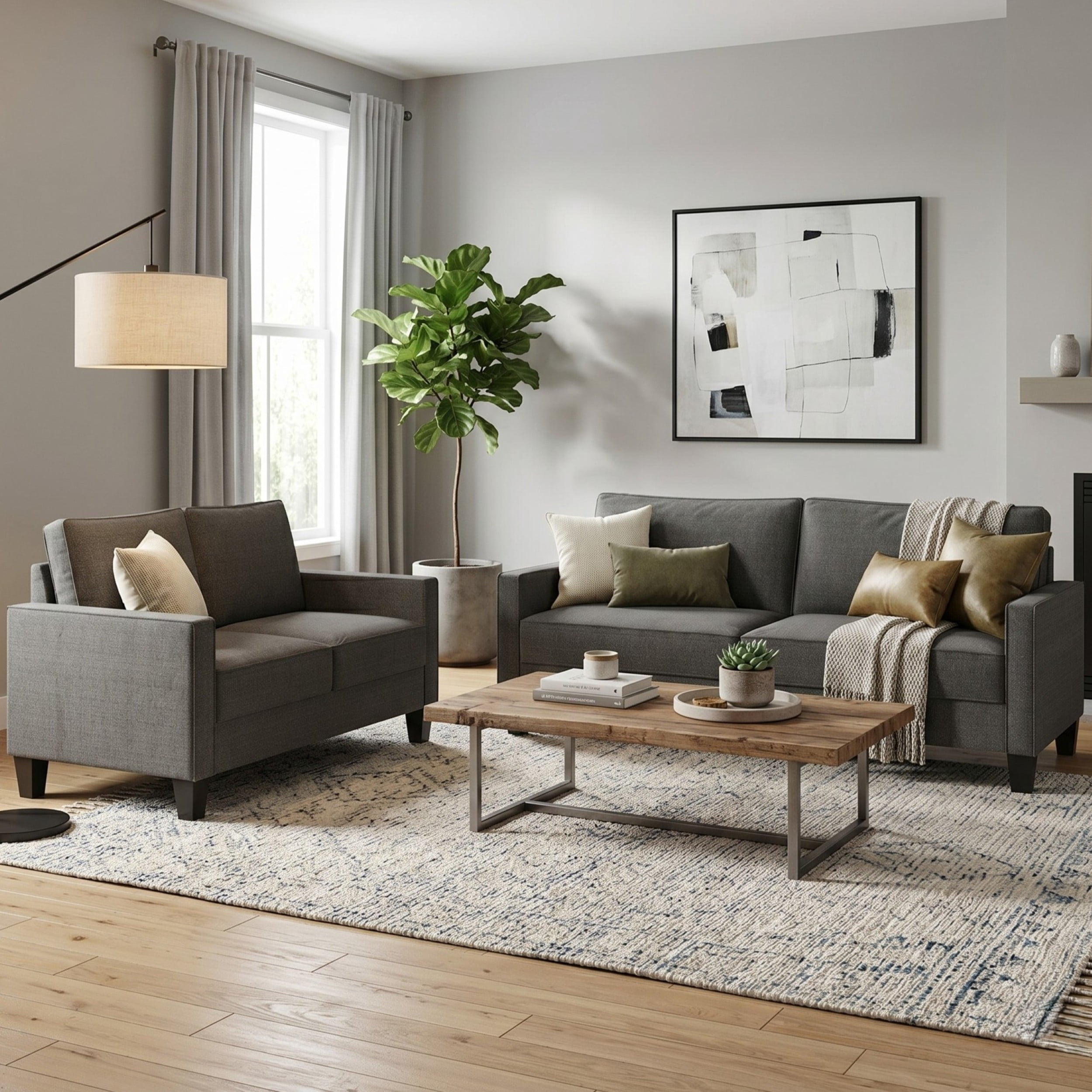 Home Design Marcia 2-Piece Square Arm Living Room Set with Loveseat and Sofa, Modern Upholstery and Black Legs, Gray
