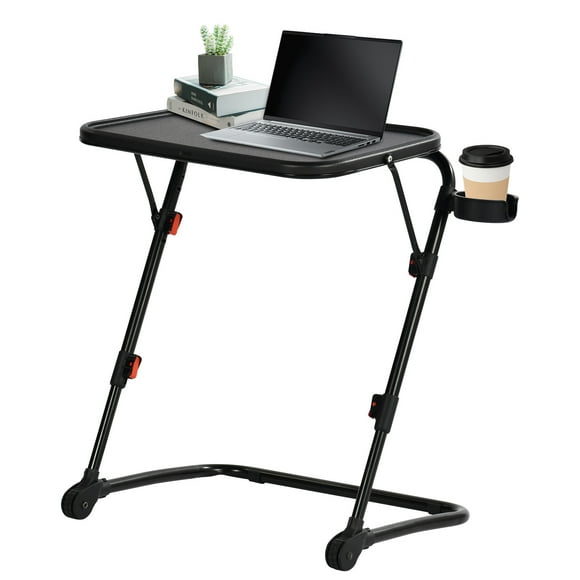 Homy Casa Compact Folding Computer Desk with Cup Holder and Adjustable Height, Black PP Surface