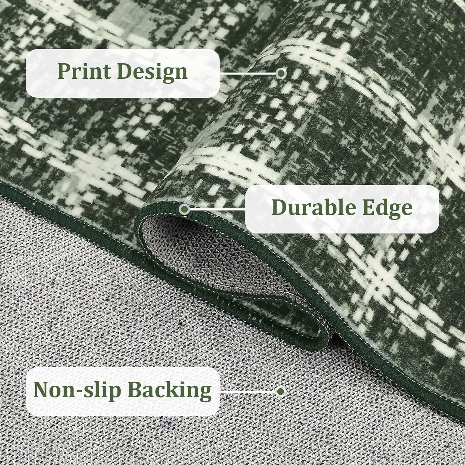 Twister.CK 3' x 5' Plaid Area Rugs, Modern Washable Stain-Resistant Carpet, Non Slip Indoor Rug for Living Room Dining Room Office, Green