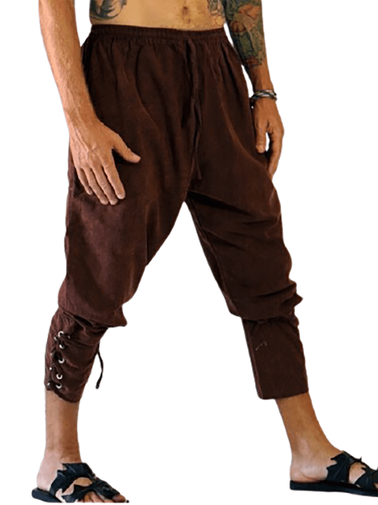 Men's Ankle Banded Cuff Renaissance Pants Medieval Viking Navigator Trousers Pirate Cosplay Costume with Drawstrings 