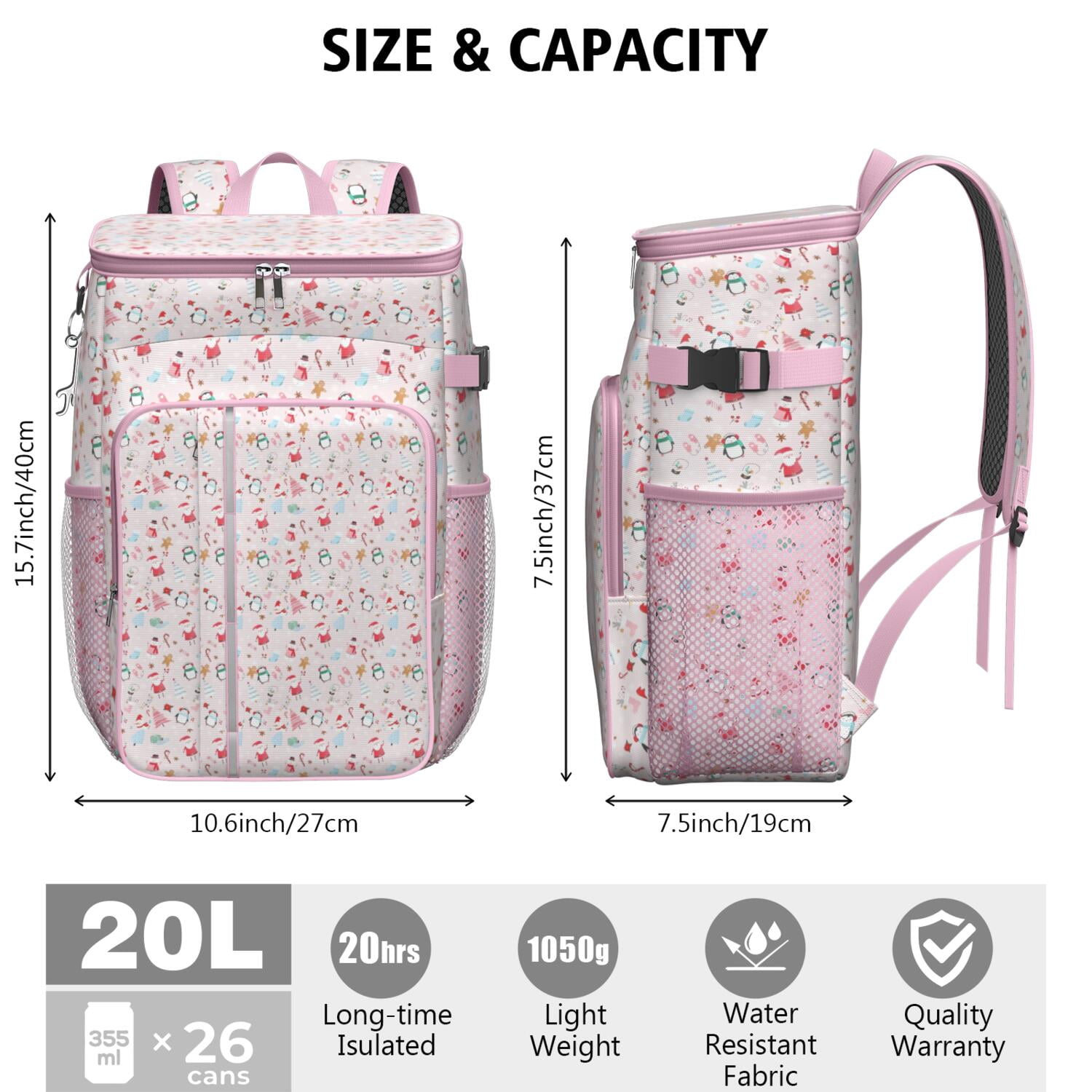 Travel Cooler Bag - Pink Christmas Santa and Penguin Pattern Camping Beer Cooler Backpack with Bottle Opener- Waterproof Insulated Picnic Backpacks - Cooler Bag for Beach