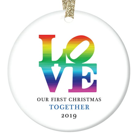 LOVE Christmas Ornament 2019 Our First Xmas Together Gifts for Boyfriend Girlfriend Gay First Holiday Anniversary Elegant Couple Present Ceramic 3