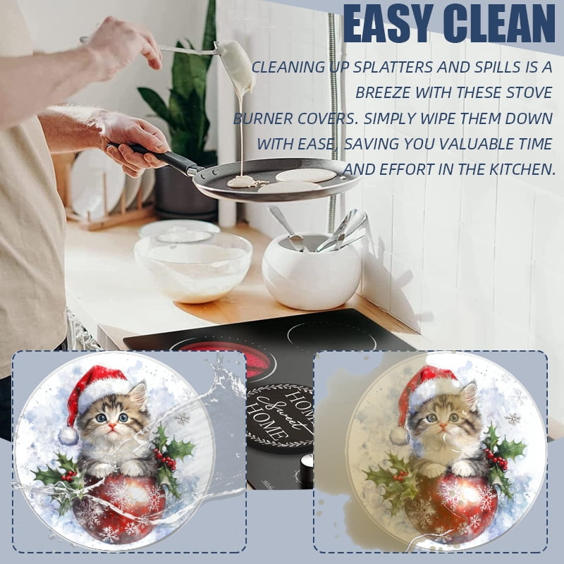 Christmas Stove Burner Covers for Electric Stove, Red Christmas Ball Cute Cat Snowflakes Xmas Decorative Round Mental Electric Range Burner Covers Set of 4 for Kitchen, 8 Inches and 10 Inches