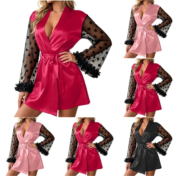 YUANxueke Women Heart Mesh Bell Sleeve Robe Satin Silky Elegant Sheer Kimono Bathrobe Casual Lounge Night Gown