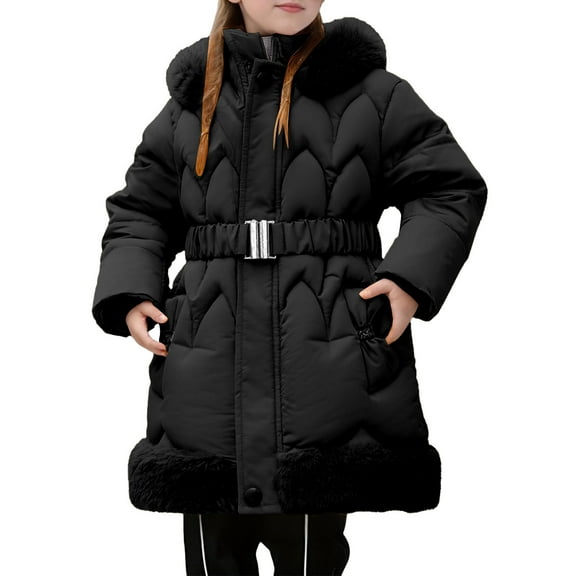 Likimi Children Girls Coat Long Sleeve Solid Color Hooded Zipper Windproof Winter Long Outerwear With Pocket Comfort Warm Thick Jacket Size 3-4 Years Black