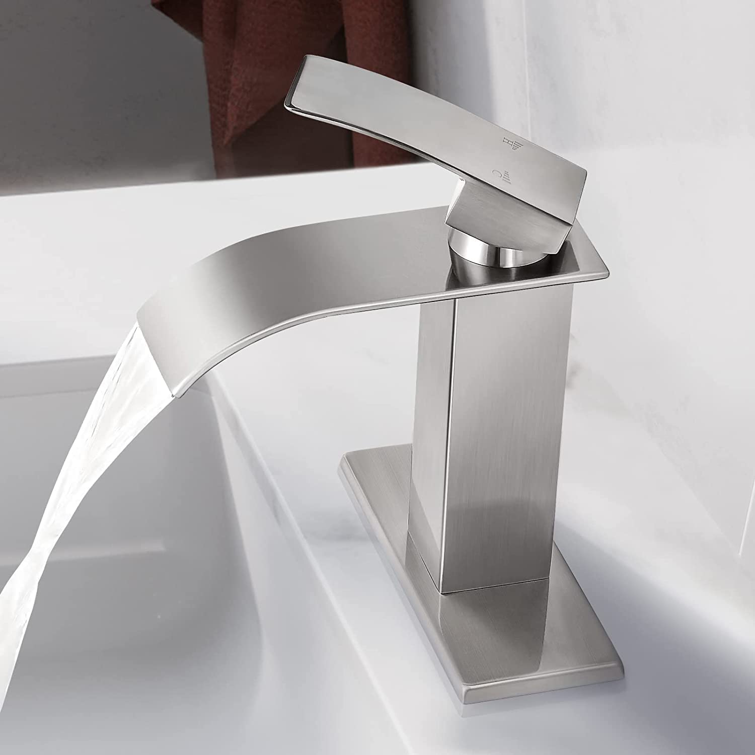 Kede Brushed Nickel Waterfall Bathroom Faucet with Pop-up Drain photo 6