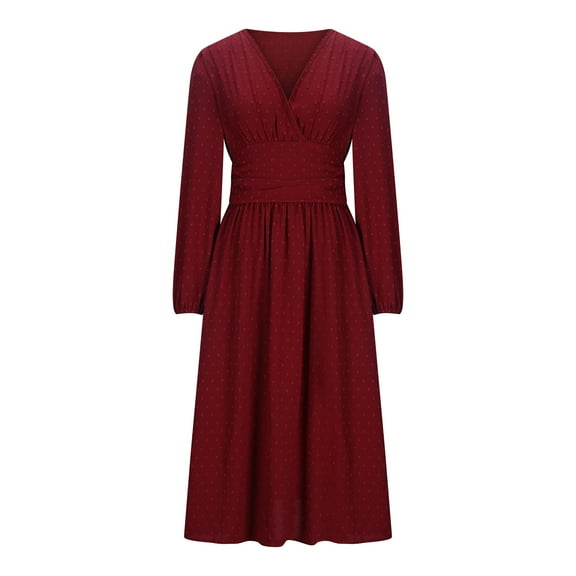 Ruimatai Women's V-Neck Lantern Sleeve Dress Solid Color Pleated Long Skirt Stretchy Comfortable Casual Elegant Tunic Top