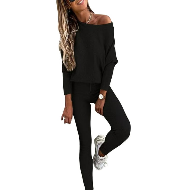Opperiaya Women's 2 Pieces Ribbed Tracksuit Outfits Solid Color Off Shoulder Long Sleeve Tops Drawstring Long Pants Set