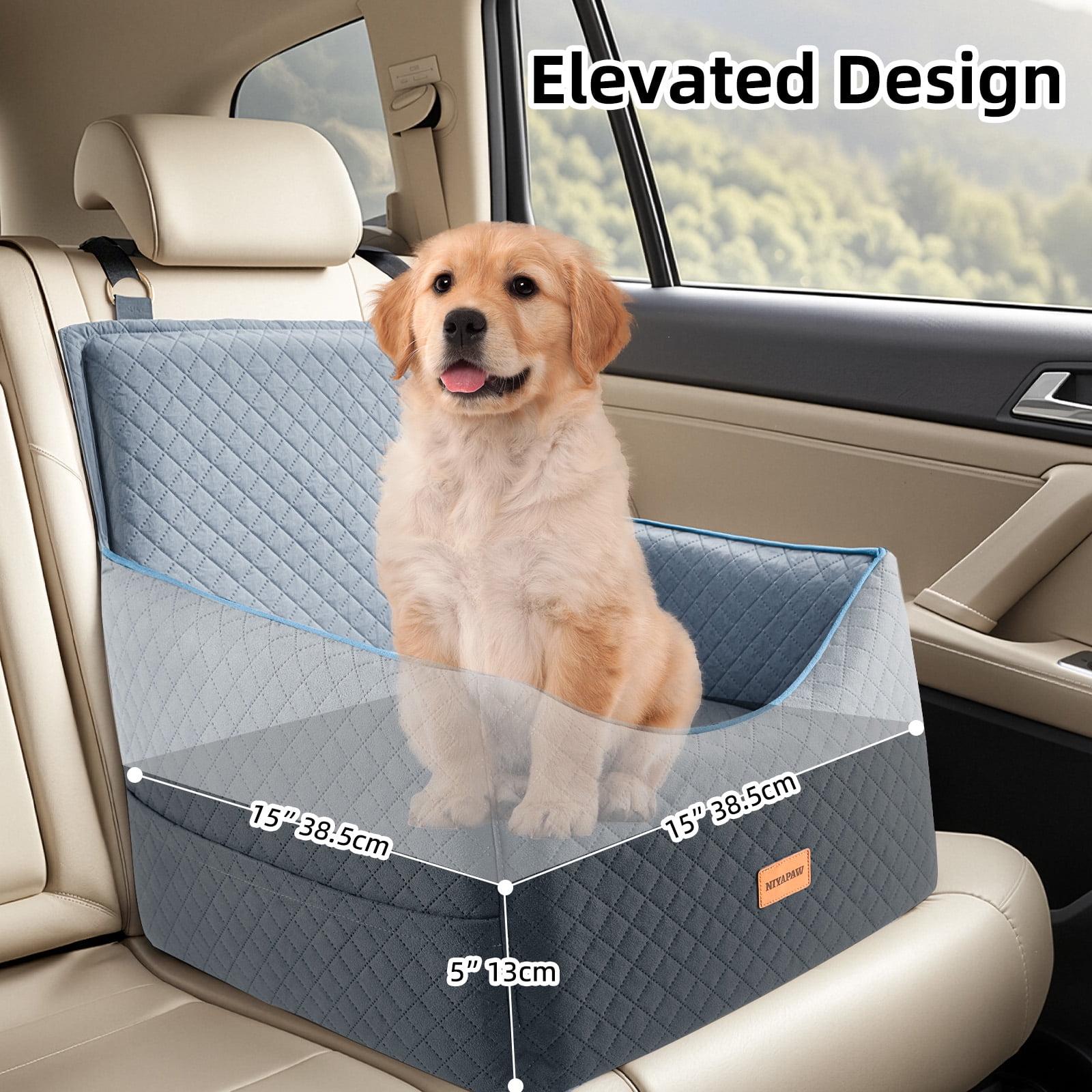 NIYAPAW Elevated Dog Car Seat for Small/Medium Dogs up to 35 lbs,Memory Foam Pet Booster Seat with dog car bed, Safety Pet Seat with Seatbelt Channel，Washable and Detachable (Gray)