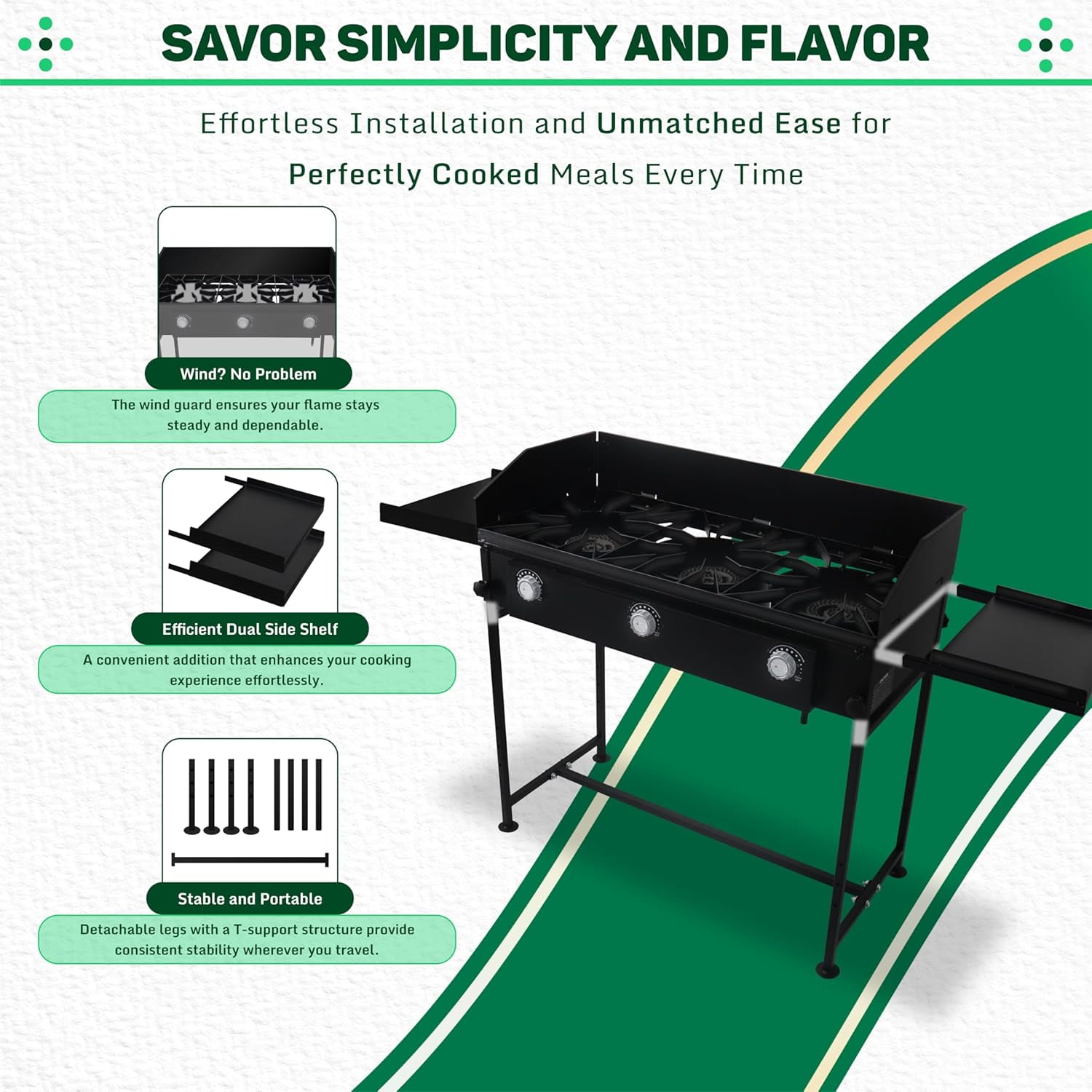 SONRET - Three Burner Propane Outdoor Camping Stove - with Side Shelf and Wind Panel