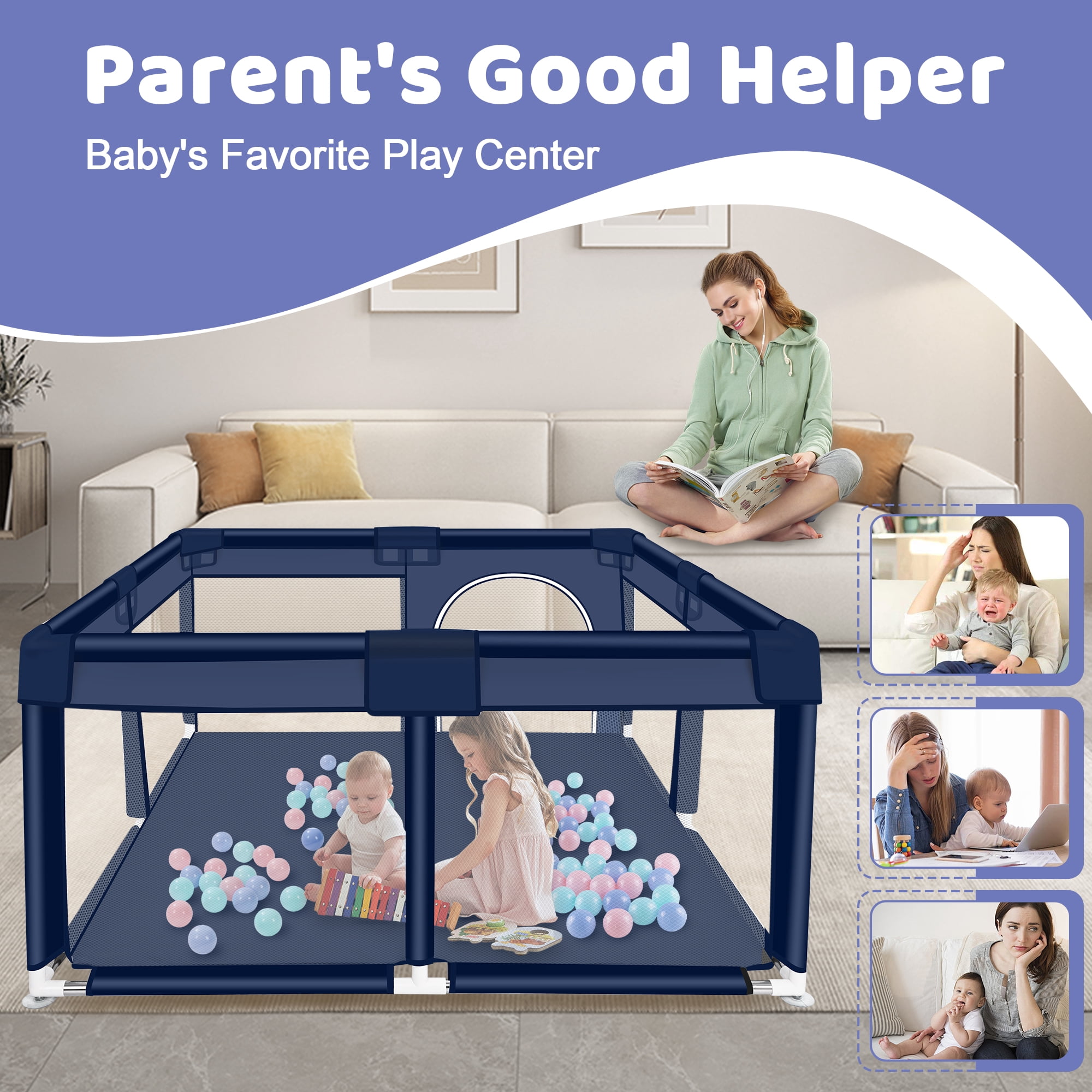 Baby Playpen, HDJ 50*50 inch Baby Play Yard with Soft Breathable Mesh and Anti-Slip Base, Baby Fence Infant Playard for Boy and Girls, Blue