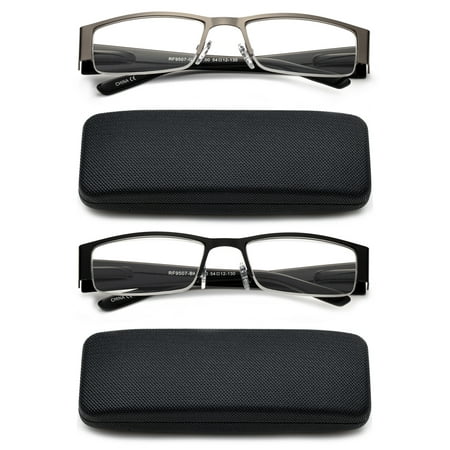 Newbee Fashion- 2 Pack Premium High Quality Metal Half Frame Reading Glasses Spring Hinge Half Rim Readers in Hard Case