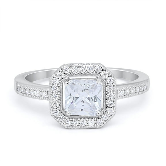 Halo Princess Cut Accent Engagement Ring CZ 925 Sterling Silver Size 5