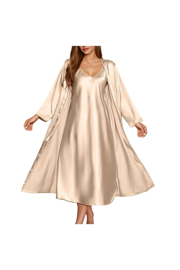 Satin Nightgown and Robe Set for Women 2 Piece Sexy V-Neck Silk Slip Dress Long Chemise Sleepwear Pajamas for Bridal Party