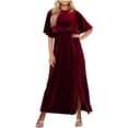 thumbnail image 2 of Liquidation et Promo, Robe en Velours Uni pour Femme à Manches Courtes et Col Rond, Robe en Velours, Robe à Manches Courtes, Robe à Col Rond Polyvalente et Tendance/100 % Polyester, Bourgogne, Sopatenor, 2 of 9