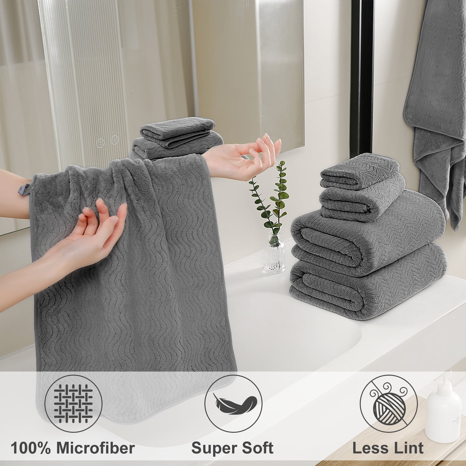 Beartech 8 Piece Microfiber Bath Towel Set ,2 Oversized Bath Sheet,2 Hand Towels,4 Washcloths, Extra Large, Soft & Less Lint Bathroom Towels Highly Absorbent Quick Dry Towels-Dark Gray