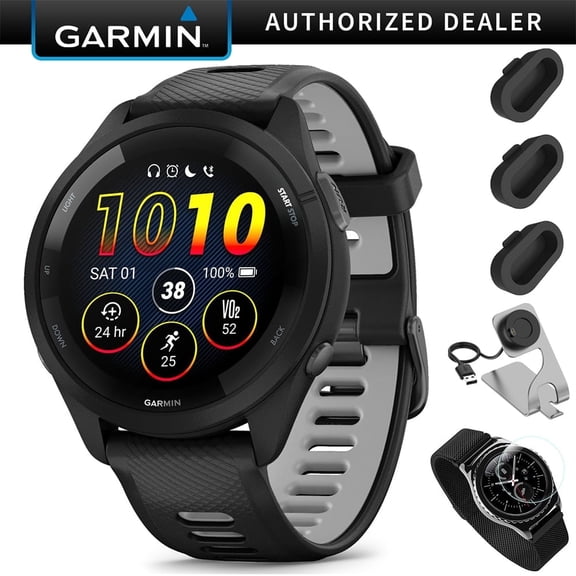 Garmin Forerunner 265 GPS Smartwatch - 46mm, Black/Powder Gray Bundle with Deco Essentials Charging Dock for Garmin Venu 3   Silicone Dust Cover   Round Tempered Glass Screen Protector