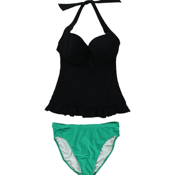 Profile Womens Peplum Ruffle 2 Piece Tankini, Black, 32D