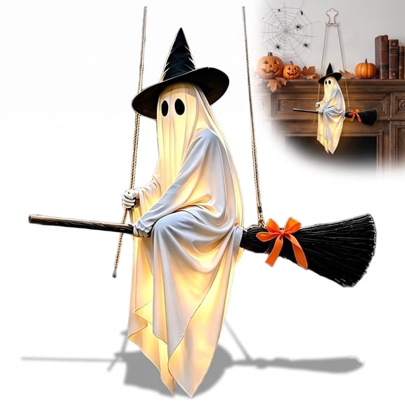 Light-Up Flying Witch Ghost on Broomstick, Spooky Cute Hanging Halloween Decor for Outdoor Lawn, Patio & Front Porch Yard Tree
