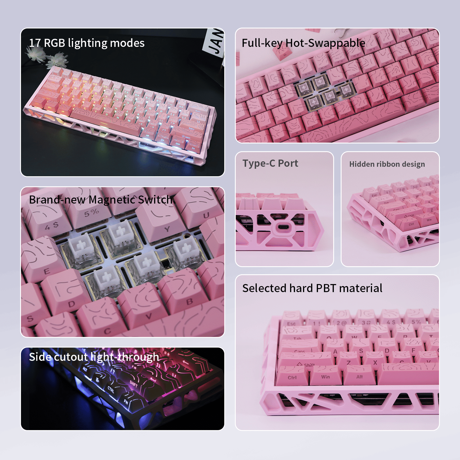 Magnetic Switch Gaming Keyboard, 61-Key 60% Layout, 6-Color Skeleton Hollow Case, RGB Backlit, Full N-Key Rollover, Hot-Swappable Adjustable Magnetic Switches, Backlit PBT Keycaps