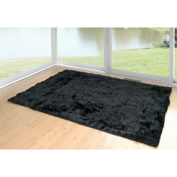 Ailis Faux Sheepskin Fur Area Rug Black, Black Faux Fur Living Room Rug