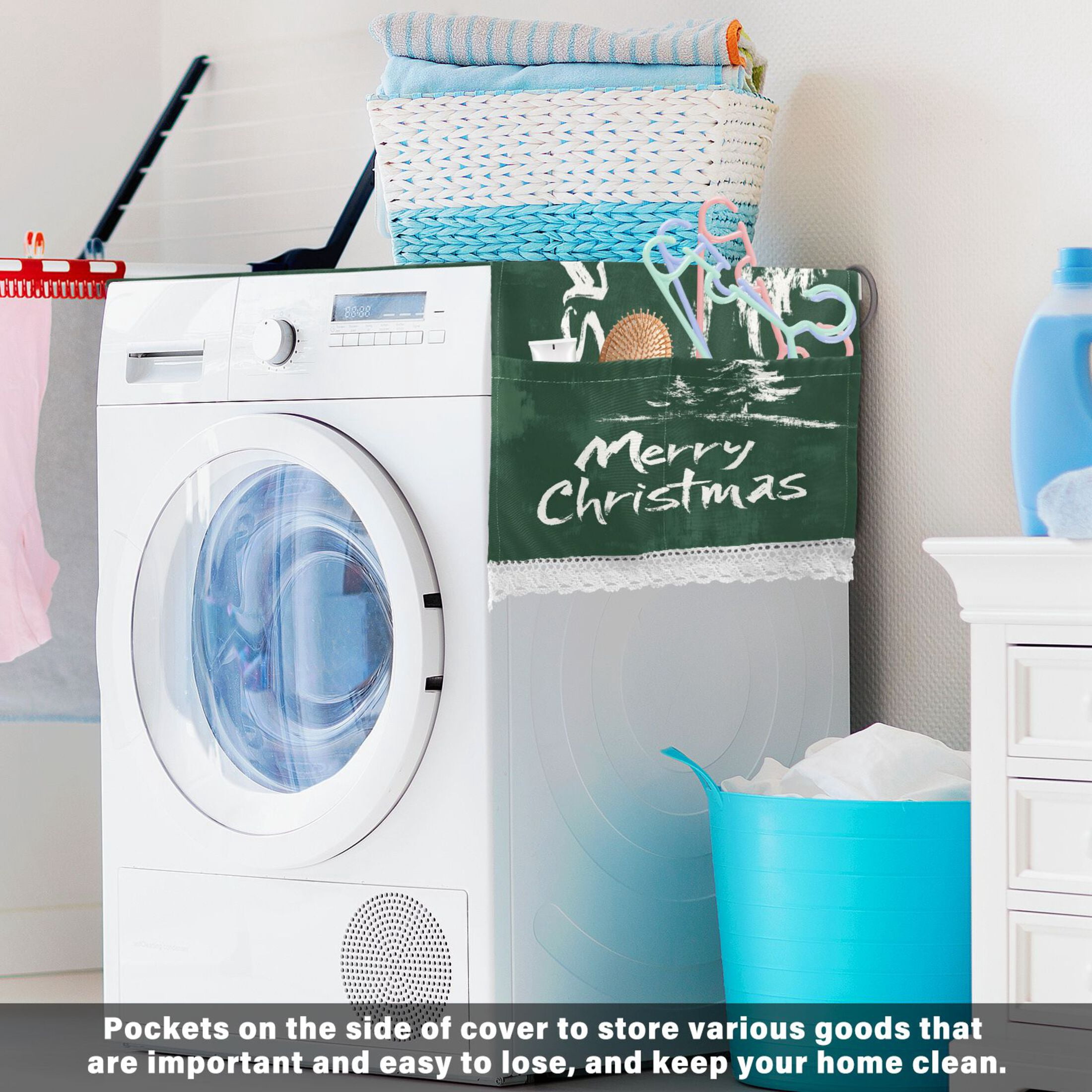 Christmas TreeWasher and Dryer Covers Dust-Proof and Oil Resistant Fridge Cover with 4 Storage Pockets Washing Machine Top Cover for Laundry Kitchen Home 51.2 x 22 In