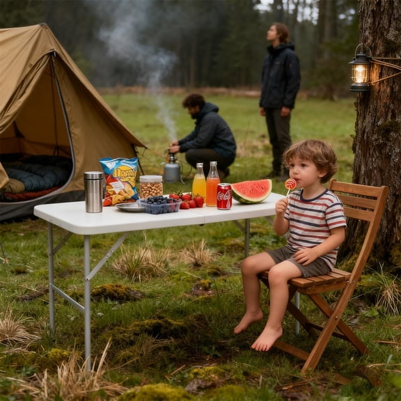 4FT Plastic Folding Table Portable Long Table Rectangular with Carrying Handle Dining Indoor Outdoor for Camping, Picnic and Party,White