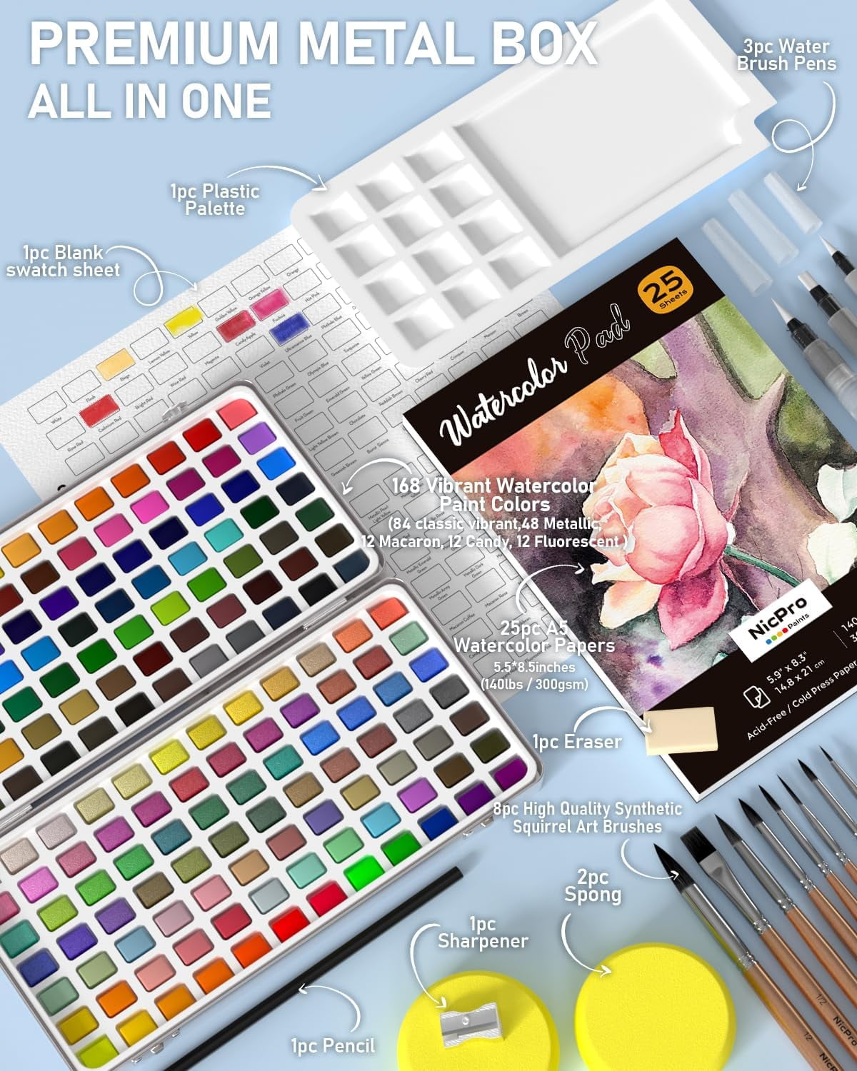 Nicpro 168 Colors Watercolor Paint Set include Metallic Macaron Candy Fluorescent, 8 Squirrel Painting Brushes, 25 Water Color Paper, Palette, Art Supplies Kit for Artist, Adult, Beginner