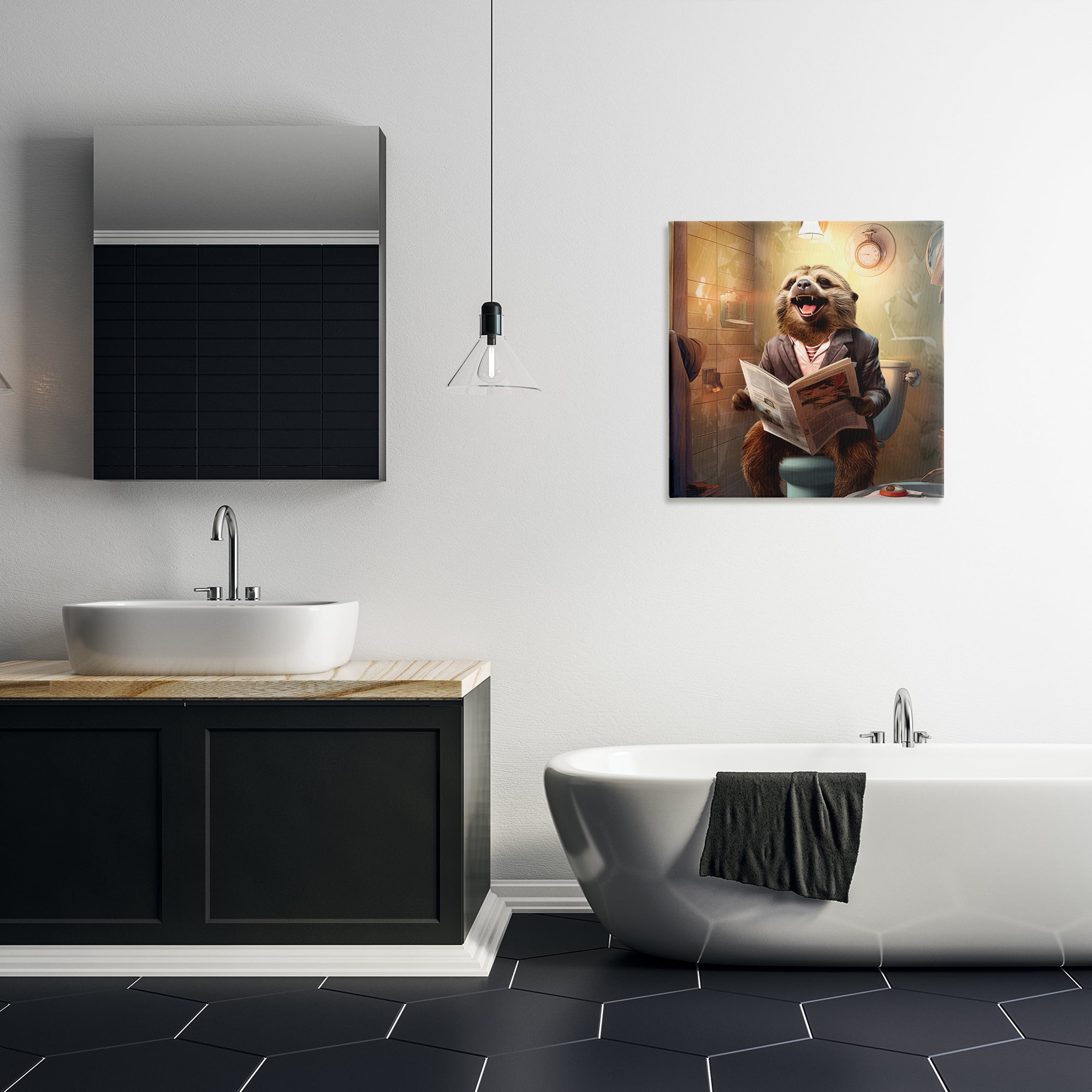 Stupell Industries Smiling Sloth on Toilet Typography Painting Gallery Wrapped Canvas Art Print Wall Art, 24 x 24