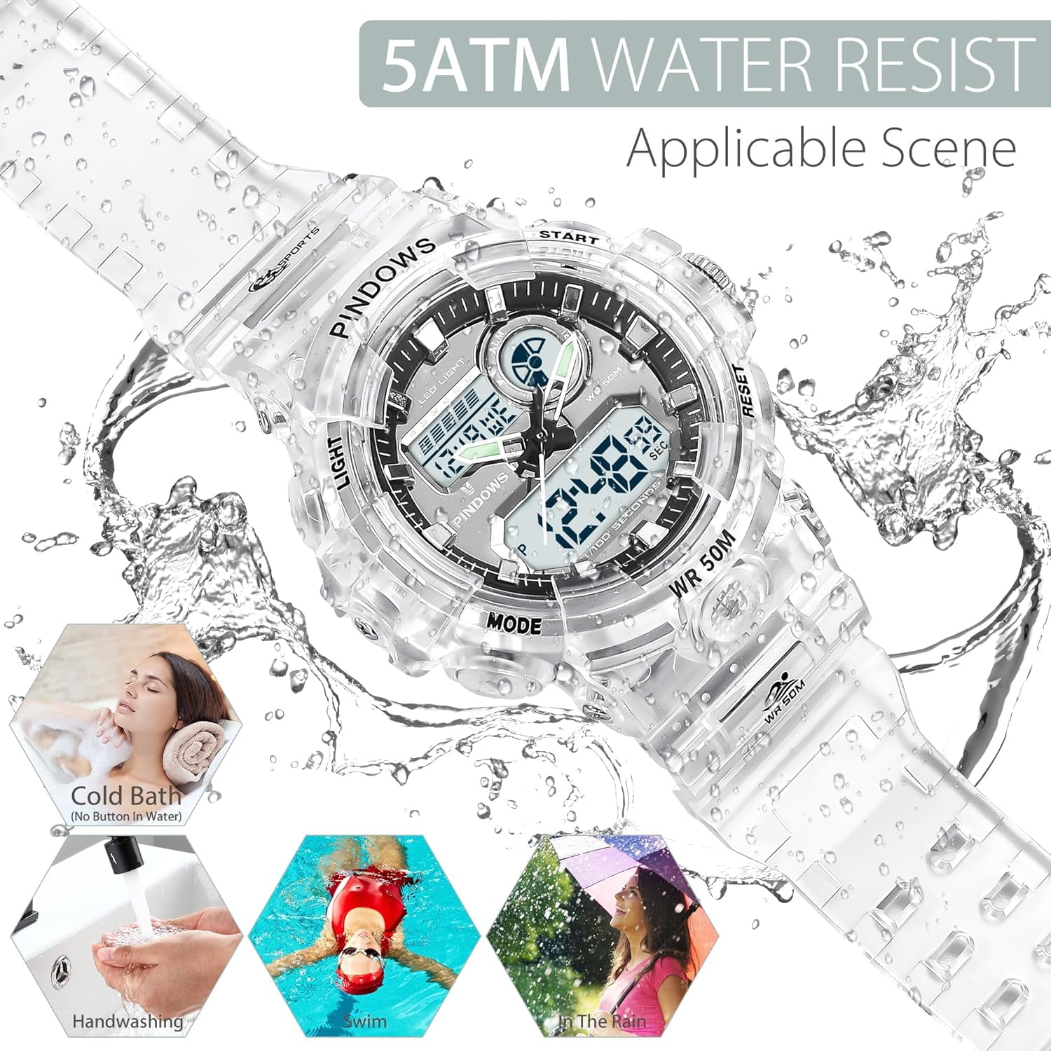 Womens Watch for Women Digital Sports Watch,7 Color LED Light Large Analog Digital Display Waterproof Watch with Alarm Stopwatch Hourly Chime Multi-Function Wrist Watches
