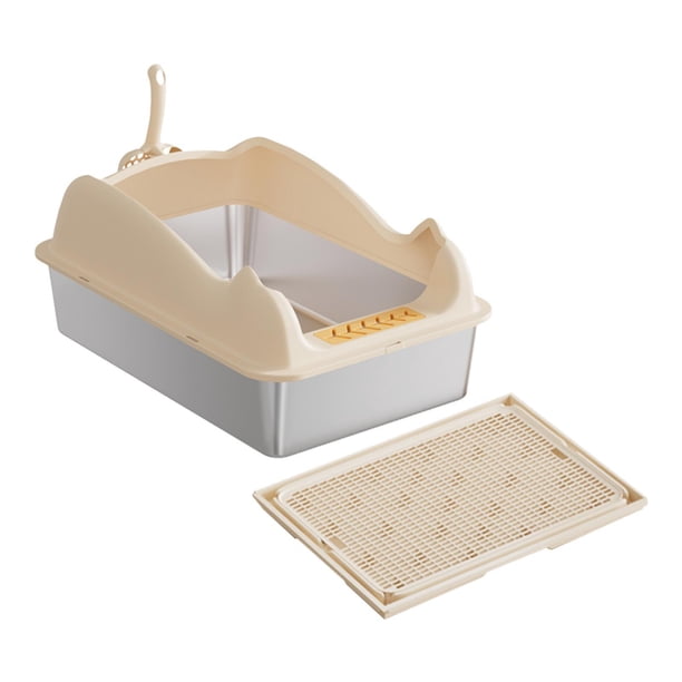 Caja de arena abierta Bandeja de arena para mascotas con parte superior abierta Entrada baja Gran capacidad Portátil para gatos Caqui con estera