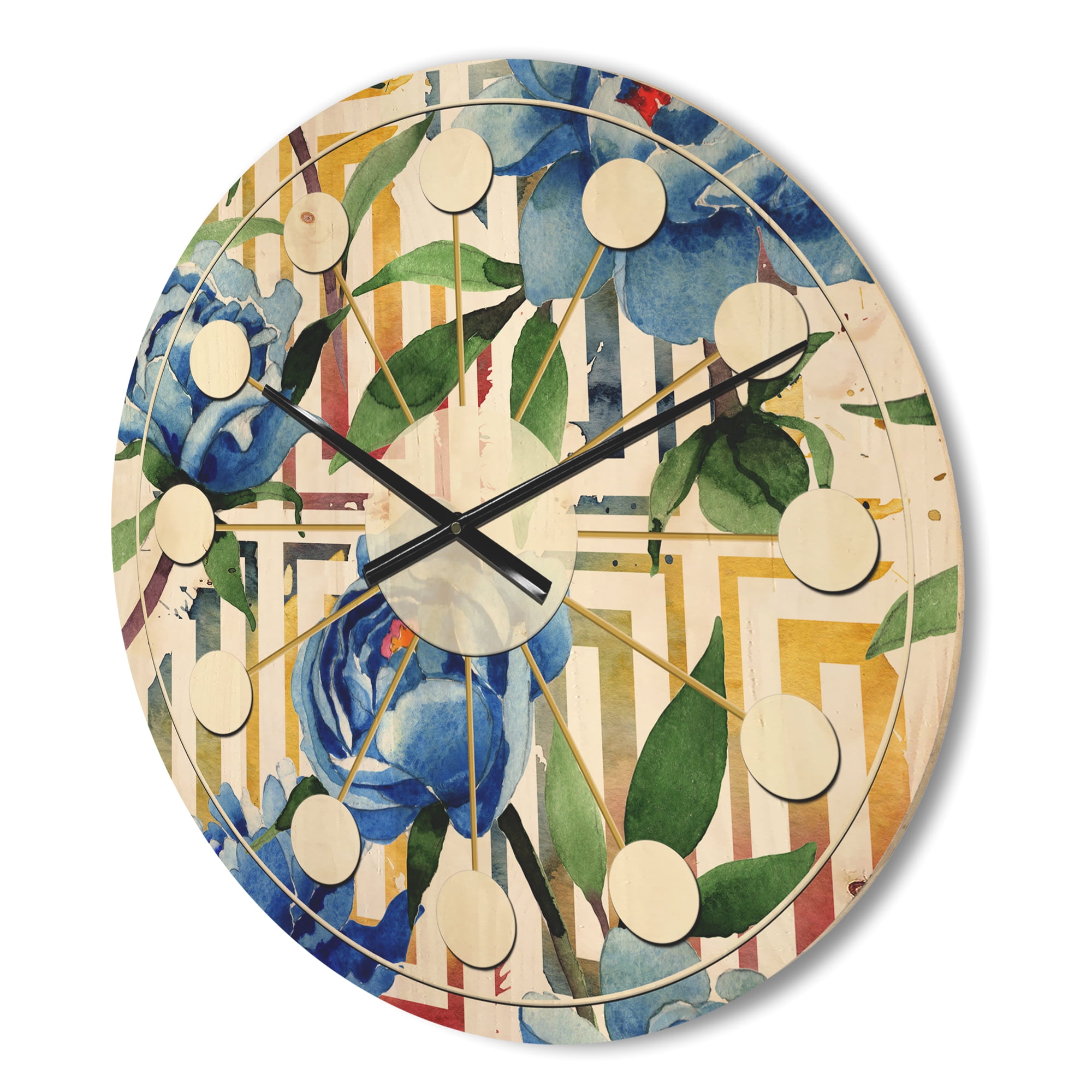 Designart 'Floral Botanical Design Retro I' Mid-Century Modern Wood Wall Clock