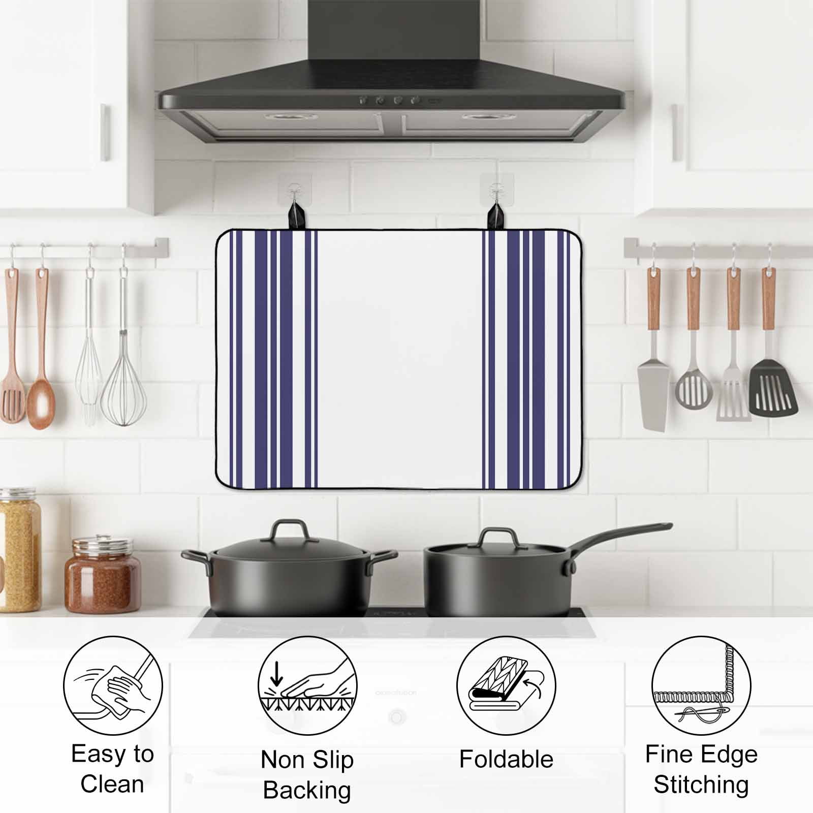Navy Blue Striped Stove Top Cover for Electric Stove, Heat-proof & Non Slip Glass Top Stove Cover Protector, Modern White Striped Abstract Art Aesthetics Kitchen Flat Cooktop Rubber Mat 31x24 Inches