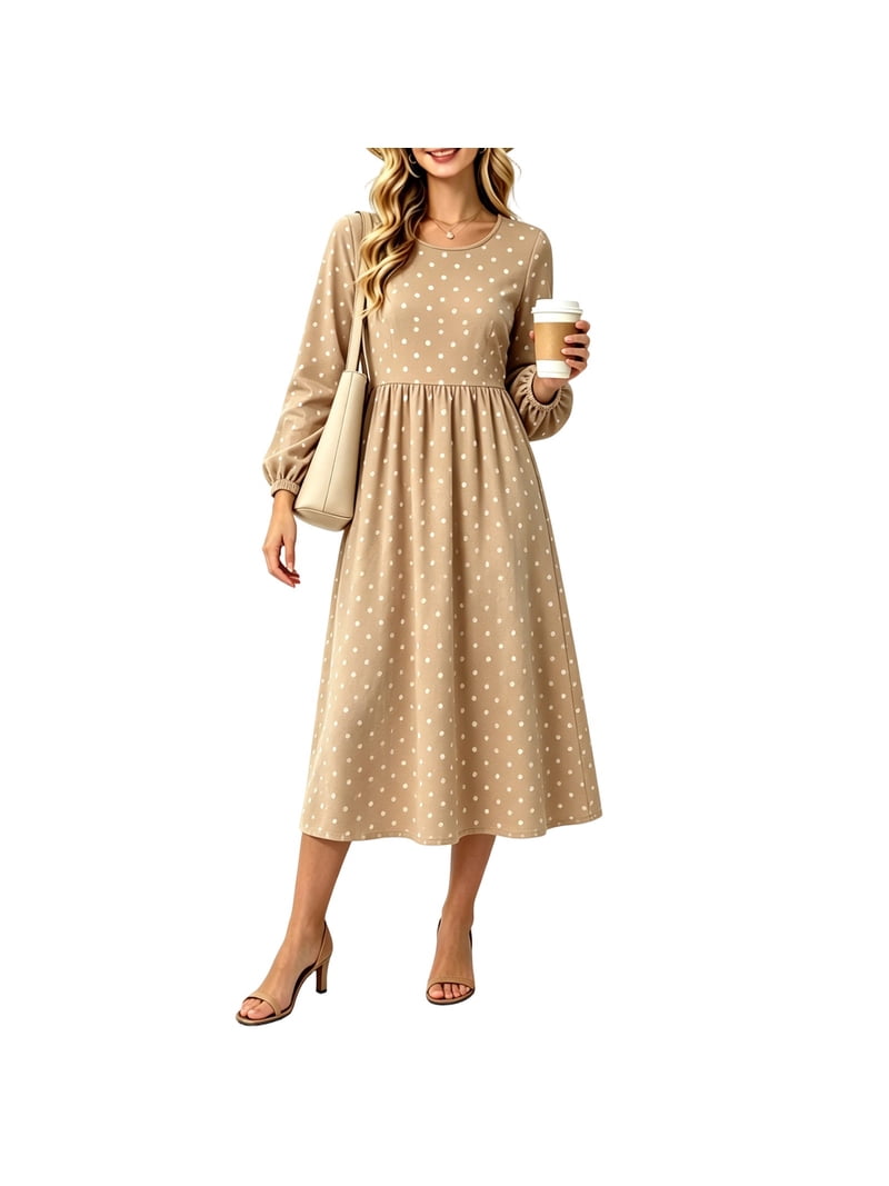 Busydd Womens Fall Dresses Fashion Long Sleeve Polka Dot Dress Casual Comfortable Solid Color Round Neck Midi Dress M