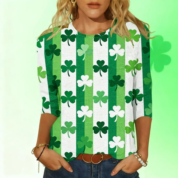 Xuyuer Women St Patricks Day Sweatshirts Lucky Clover Blouse Irish Shamrock Pullover 3/4 Sleeves Graphic Tops