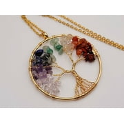 7 Chakras Healing Crystal Necklace Gold tone Gemstone Chip Tree of Life