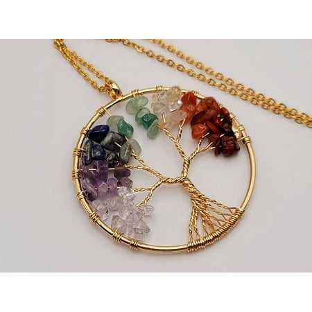 7 Chakras Healing Crystal Necklace Gold tone Gemstone Chip Tree of Life