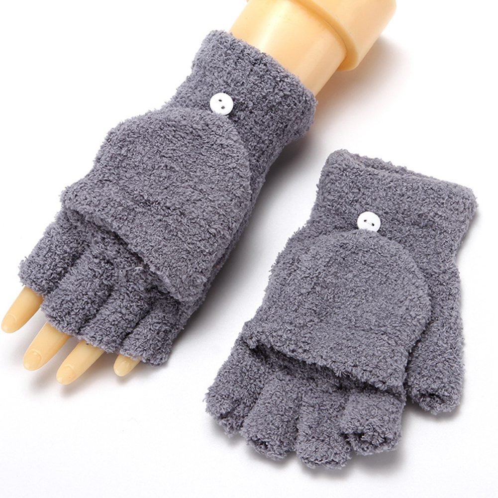 HEQU Unisex Half Finger Flip Gloves Women Coral Velvet ColdProof
