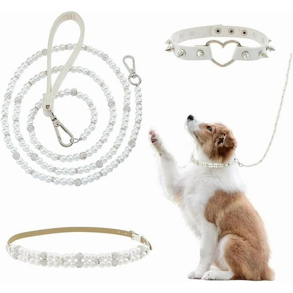 3 Pcs White Pearl Necklace Dog Collar and Beaded Imitation Leather Cord for Pet Set Includes Leash with Lockable Hooks and 2 Rows of Pearls Pet Necklace Adjustable for Wedding White